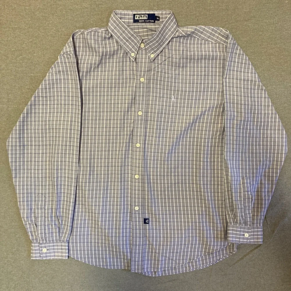 Polo Ralph Lauren Mens XL Blue White Plaid Cotton Button Down Long Sleeve Shirt